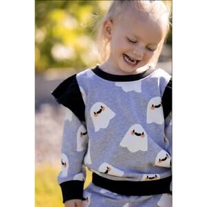 Halloween Ruffled Sweatshirt Smiling Happy Ghosts Monica + Andy Organic